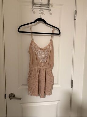 Papaya Beige Embroidered Spaghetti Strap Romper